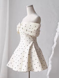 Cute A line Off The Shoulder Black Polka Dots Short Satin Formal Homecoming Dresses Party Graduation Dress Hoco Dresses HZ1121