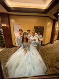 Modest Ball Gown Off The Shoulder Blue Tulle Lace Long Quinceanera Dress Formal Gowns Vestido De 15 Anos Sweet 16 Dress HZ1121