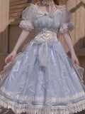 Sweet A line Blue Lace Tulle Short Sleeves 16th Birthday Dress Lolita Dresses Summer Birthday Outfits HZ1121