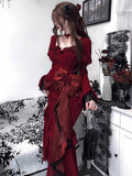 Vintage Mermaid Sweetheart Long Sleeves Burgundy Black Lace Summer 18th Birthday Dress Lolita Dress Birthday Outfits HZ1121