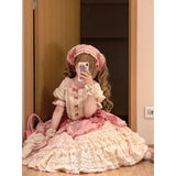 Sweet Ball Gown Square Neck Short Sleeves Gothic Pink Lace 16th Birthday Dress Lolita Dress Birthday Outfits HZ1121