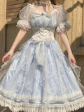 Sweet A line Blue Lace Tulle Short Sleeves 16th Birthday Dress Lolita Dresses Summer Birthday Outfits HZ1121