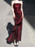Vintage Mermaid Spaghetti Straps Burgundy Long Summer 18th Birthday Dress Lolita Dresses Birthday Outfits HZ1121