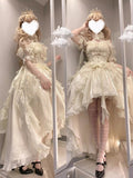 Beautiful High Low Off The Shoulder Short Sleeves Ivory Floral 16th Chiffon Birthday Dress Lolita Dress 18th Birthday Outfits HZ1121