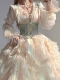 Retro Ball Gown V Neck Long Sleeves White Rose Floral 16th Chiffon Birthday Dress Lolita Dress 18th Birthday Outfits HZ1121