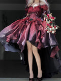 Beautiful High Low Off The Shoulder Short Sleeves Ombre Burgundy Floral 16th Chiffon Birthday Dress Lolita Dress 18th Birthday Outfits HZ1121