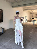 Simple High Low Spaghetti Straps White Chiffon Summer Dress Holiday Party Dress Birthday Outfits For Teens HZ1121