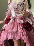Vintage Ball Gown Spaghetti Straps Chiffon Summer 18th Birthday Dress High Low Ombre Pink Lolita Dress Birthday Outfits HZ1121