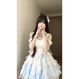 Vintage Ball Gown High Neck Light Sky Blue Chiffon Short Summer 18th Birthday Dress Lolita Dress Birthday Outfits HZ1121