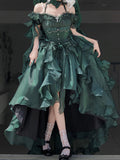 Princess Ball Gown Off The Shoulder Short Sleeves Dark Green High Low Floral 16th Chiffon Birthday Dress Lolita Dress 18th Birthday Outfits HZ1121