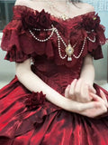 Retro Ball Gown Off The Shoulder Short Sleeves Burgundy Floral 16th Chiffon Birthday Dress Lolita Dress 18th Birthday Outfits HZ1121