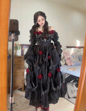 Retro Ball Gown Off The Shoulder Short Sleeves Black Rose Floral 16th Chiffon Birthday Dress Lolita Dress 18th Birthday Outfits HZ1121