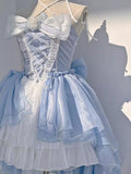 Vintage Ball Gown Halter Light Sky Blue Chiffon Short Summer 18th Birthday Dress Lolita Dress Birthday Outfits HZ1121