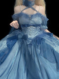 Beautiful High Low Off The Shoulder Short Sleeves Blue Rose Floral 16th Chiffon Birthday Dress Lolita Dress 18th Birthday Outfits HZ1121