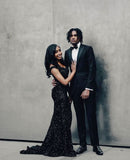 Pretty Sparkly Mermaid Off The Shoulder Sequin Slit Black Prom Dresses Graduation Dress HZ1121
