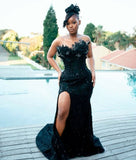 Gorgeous Mermaid Strapless Black Sequin Slit Long Prom Dress Party Dress Graduation Dresses HZ1121