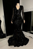 Gorgeous Mermaid V Neck Black Sequin Long Sleeves Birthday Dress Prom Dress Graduation Dresses HZ1121