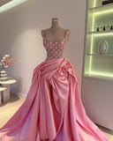 Sexy Ball Gown Straps Pink Satin Ruffles Long Birthday Dress Prom Dress Graduation Dresses HZ1121