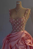 Sexy Ball Gown Straps Pink Satin Ruffles Long Birthday Dress Prom Dress Graduation Dresses HZ1121