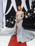 Gorgeous Mermaid Strapless Black Girl Silver Sequin Slit Long Birthday Dress Prom Dress Graduation Dresses HZ1121