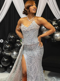 Gorgeous Mermaid Strapless Black Girl Silver Sequin Slit Long Birthday Dress Prom Dress Graduation Dresses HZ1121