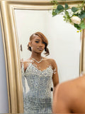 Gorgeous Mermaid Strapless Black Girl Silver Sequin Slit Long Birthday Dress Prom Dress Graduation Dresses HZ1121
