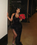 Gorgeous High Low Halter Black Girl Black Satin 21st Birthday Dress Prom Dress Graduation Dresses HZ1121