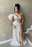 Gorgeous Mermaid Sweetheart White Sequin Black Girl Slit Long Birthday Dress Prom Dress Graduation Dresses HZ1121