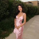 Sexy Sheath Straps Pink Satin Long Birthday Dress Birthday Outfits Graduation Dresses HZ1121