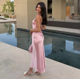 Sexy Sheath Straps Pink Satin Long Birthday Dress Birthday Outfits Graduation Dresses HZ1121