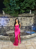 Gorgeous Mermaid Sweetheart Pink Satin Slit Long Prom Dress Party Dress Graduation Dresses HZ1121