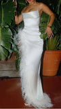 Gorgeous Mermaid Halter White Satin Slit Feathers Black Girl 23rd Birthday Dress Prom Dress Birthday Outfits For Women HZ1121