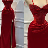 Classy Mermaid Sweetheart Red Satin Slit Long Prom Dresses Summer Wedding Guest Dresses Wedding Guest Outfits HZ1121