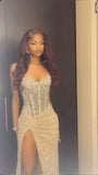 Classy Mermaid Sweetheart Champagne Sequin Slit Long Prom Dresses Summer Wedding Guest Dresses Wedding Guest Outfits HZ1121