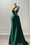 Gorgeous Mermaid One Shoulder Satin Dark Green Prom Dresses Formal Summer Wedding Guest Dresses Wedding Guest Outfits HZ1121