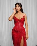 Sexy Mermaid Red Beads Sequin Prom Dresses Formal Summer Wedding Guest Dresses Wedding Guest Outfits HZ1121