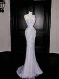 Sexy Mermaid Silver Gray Strapless Sequins Long Prom Dress Party Dress Graduation Dresses Birthday Outfits HZ1121