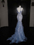 Gorgeous Mermaid Halter Blue Sequin Long Prom Dress Party Dress Graduation Dresses HZ1121