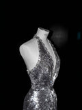Sparkly Mermaid V Neck Silver Sequin Long Prom Dress Party Dress Graduation Dresses HZ1121