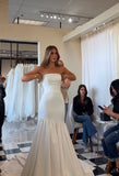 Dreamy Wedding Dress Mermaid Strapless White Satin Long Wedding Dresses Bridal Gowns HZ1121