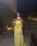 Classy A line Strapless Yellow Chiffon Prom Dresses Formal Summer Wedding Guest Dresses With Scarf Wedding Guest Outfit HZ1121
