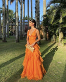 Pretty A line V Neck Orange Long Night Dinner Evening Dresses Formal Summer Wedding Guest Dresses Wedding Guest Outfits HZ1121