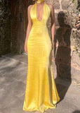 Classy Sheath V Neck Yellow Satin Prom Dresses Formal Summer Wedding Guest Dresses Wedding Guest Outfit HZ1121