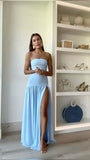 Simple A line Strapless Blue 20th Birthday Dress Long Chiffon Prom Dress Birthday Outfits For Women HZ1121
