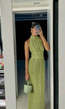 Sexy A line High Neck Sage Green Chiffon Prom Dresses Formal Summer Wedding Guest Dresses Wedding Guest Outfit HZ1121