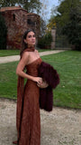 Modest A line Strapless Brown Lace 20th Birthday Dress With Scarf Prom Dress 18th Birthday Outfits For Women HZ1121
