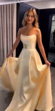 Modest A line Strapless Yellow Slit Satin 20th Birthday Dress Prom Dress 18th Birthday Outfits For Women HZ1121