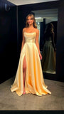 Modest A line Strapless Yellow Slit Satin 20th Birthday Dress Prom Dress 18th Birthday Outfits For Women HZ1121