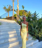 Sexy A line One Shoulder Yellow Backless Long Prom Dresses Formal Summer Wedding Guest Dresses Wedding Guest Outfit HZ1121