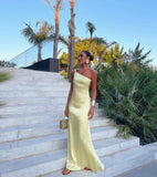 Sexy A line One Shoulder Yellow Backless Long Prom Dresses Formal Summer Wedding Guest Dresses Wedding Guest Outfit HZ1121